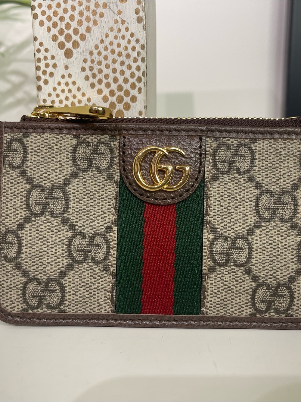Gucci Beige GG Supreme Card Holder with Green & Red Web and Gold Double G